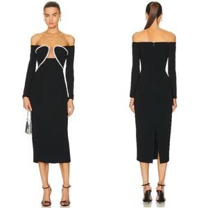 Self-Portrait Off Shoulder Crystal Embellished Heavy Black Midi Dress Size 6